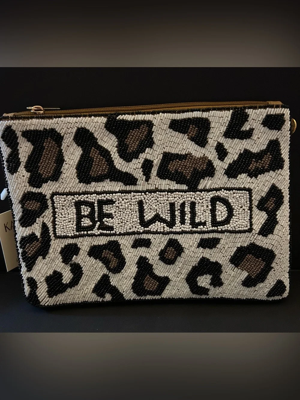 Beaded Leopard Animal Print ‘Be Wild' Zip Clutch- Black, Off-White & Brown